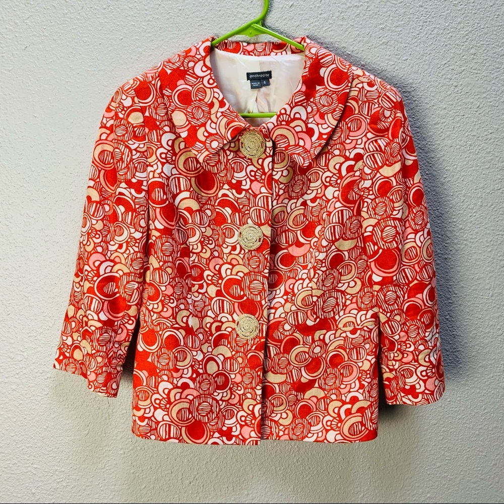 Vintage Anthracite orange white tan circle print LINEN blazer Woven buttons 6/S - Picture 3 of 16